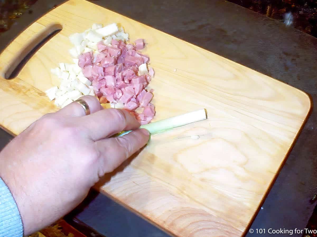chopping cheese, ham and onion.