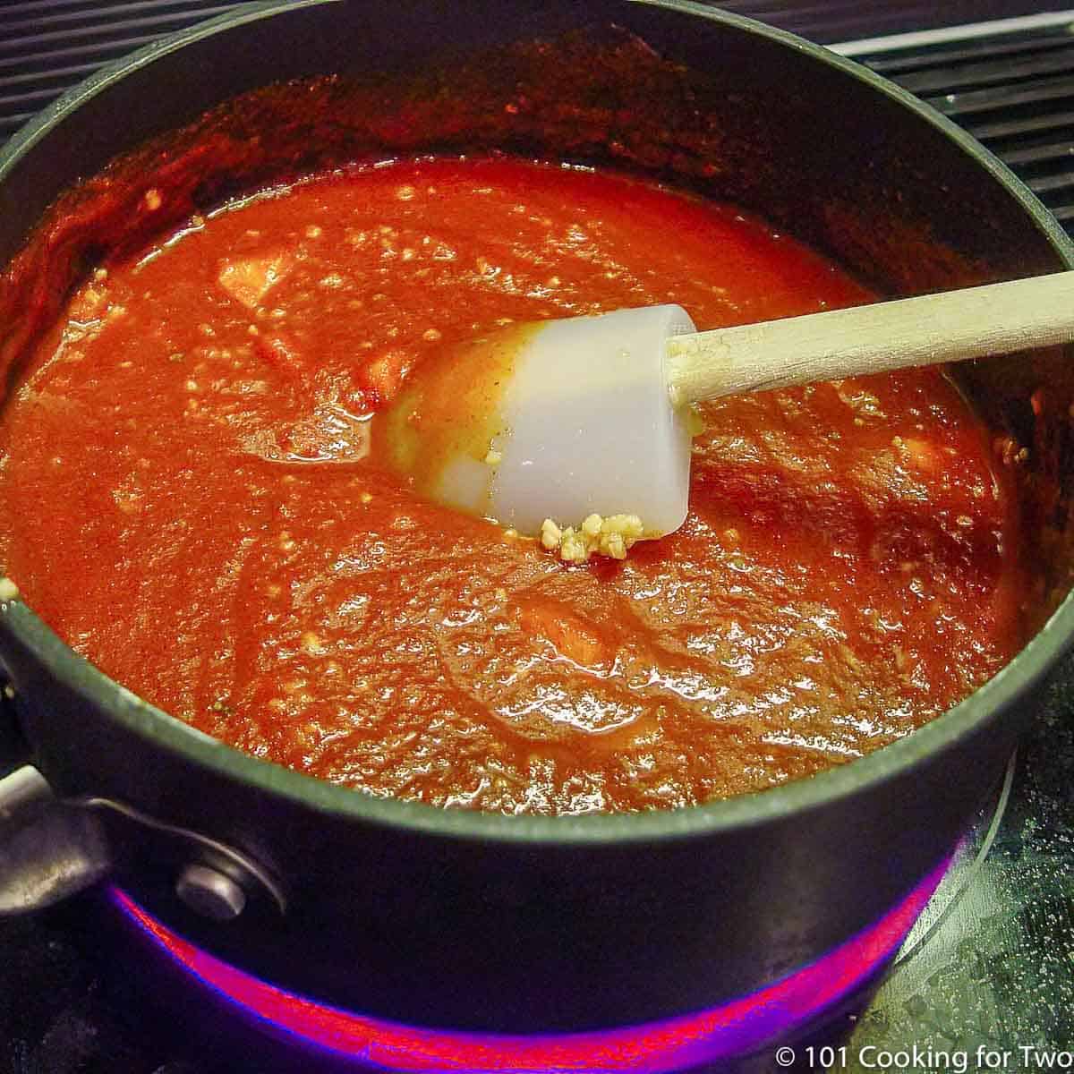 Homemade Enchilada Sauce in sauce pan.