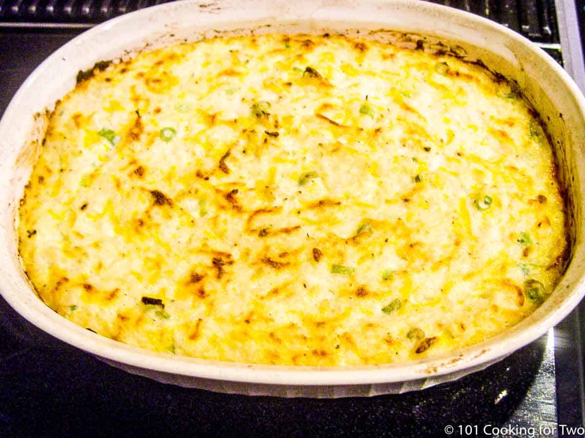 baked cauliflower casserole in dish.