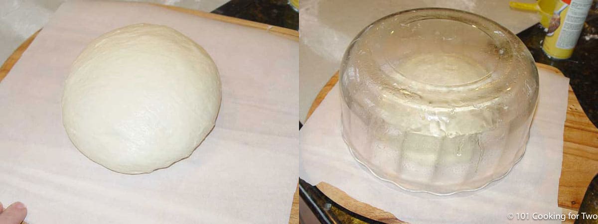 9b dough ball on parchment and under bowl.