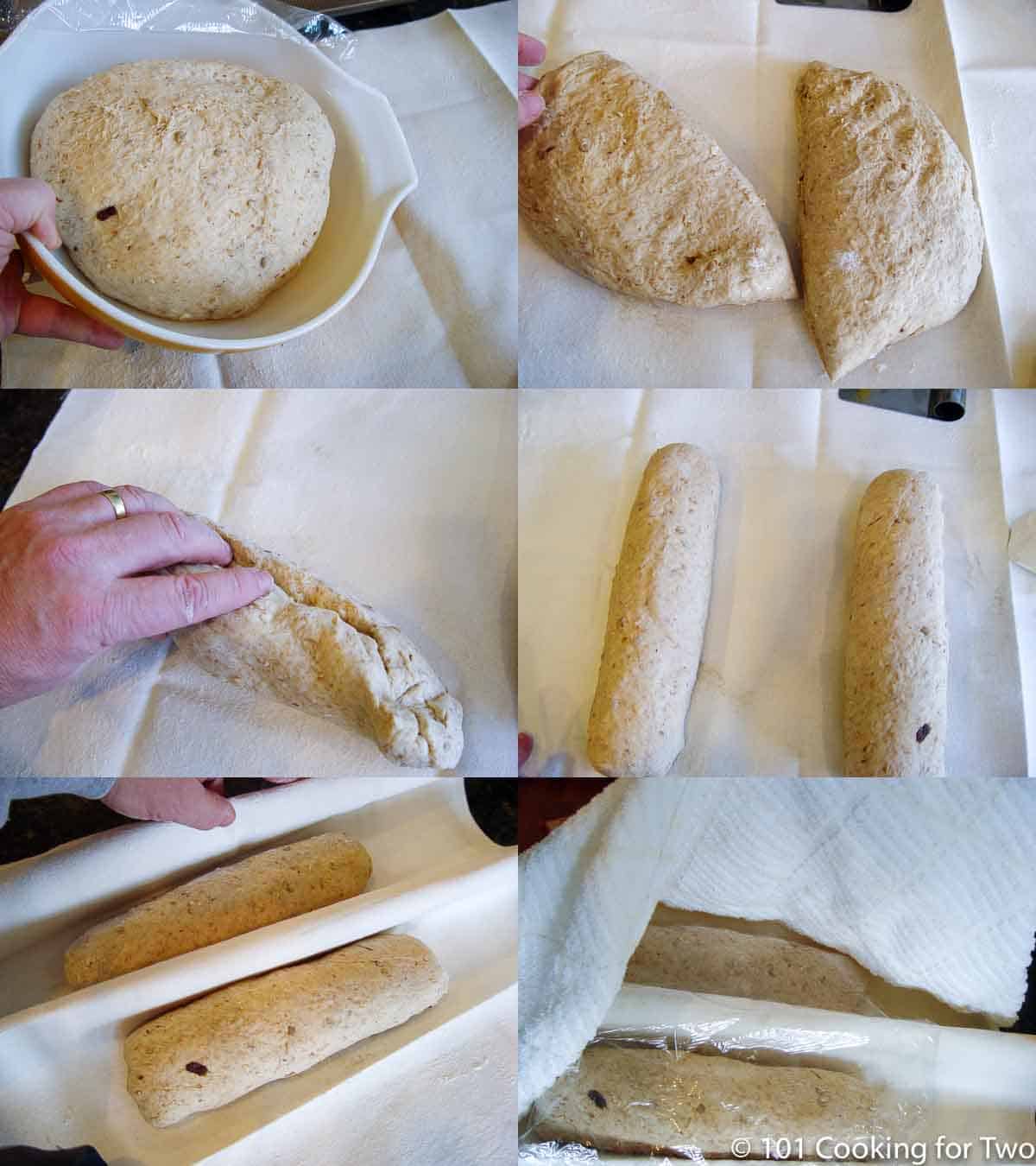 Collage 2 dividing the dough and forming loaves.