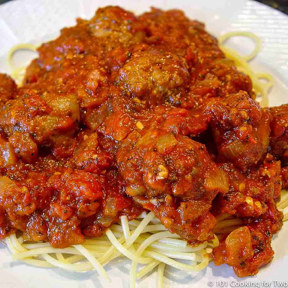 italian Sausage Marinara on pasta.