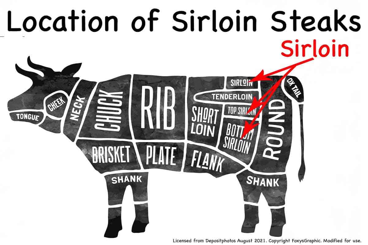 Location of Sirloin - Licensed from Depositphotos August 2021. Copyright FoxysGraphic. Modified for use.