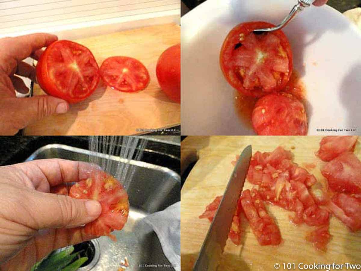 Prepating tomato for grilling.