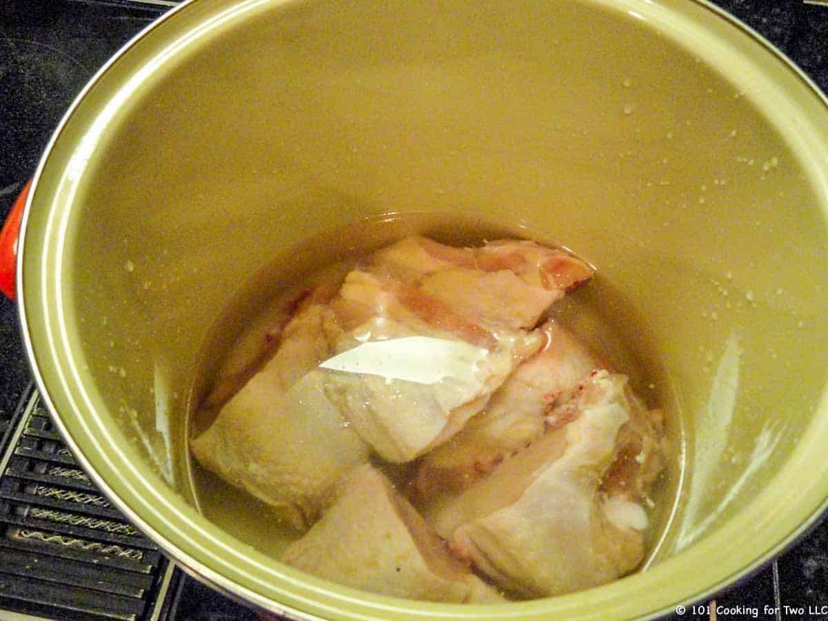chicken pieces in soup pot covered with water.