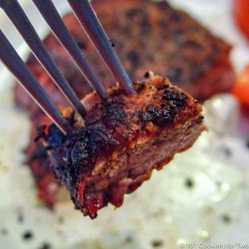 coffee rubbed steak on a fork