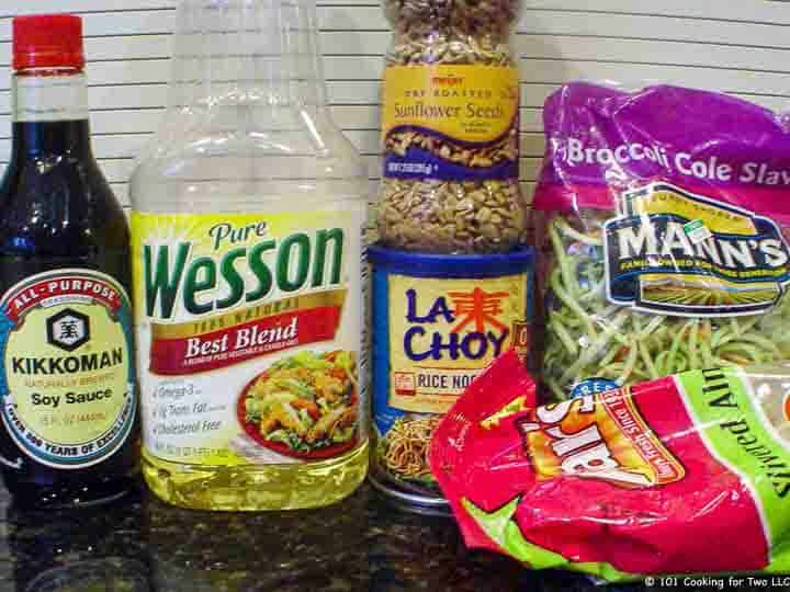 broccoli slaw with ingredients for salad.