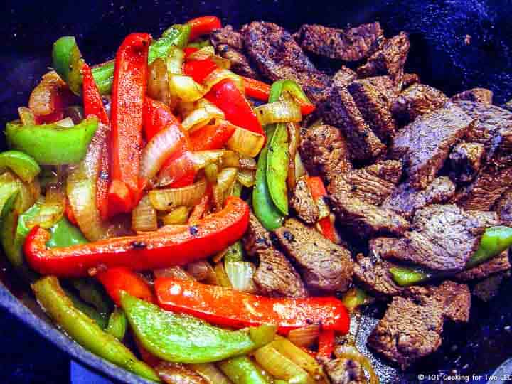 veggies and meat browned in skillet.