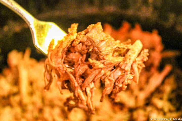 shredded beef on a fork