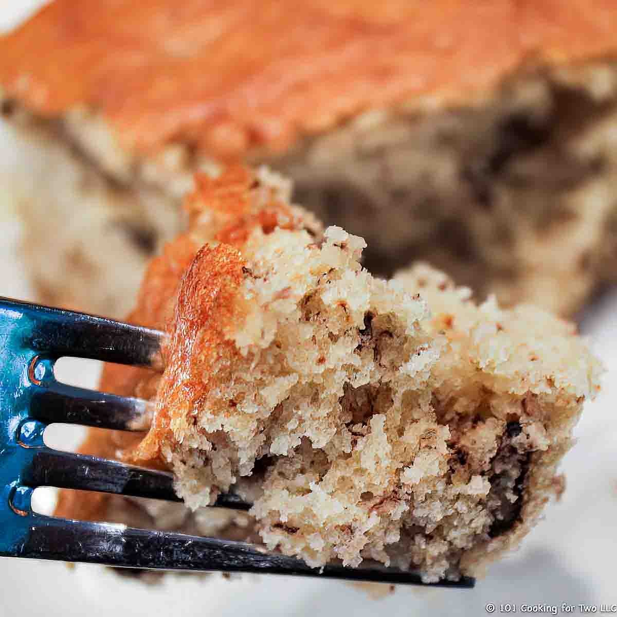 banana nut cake on fork.