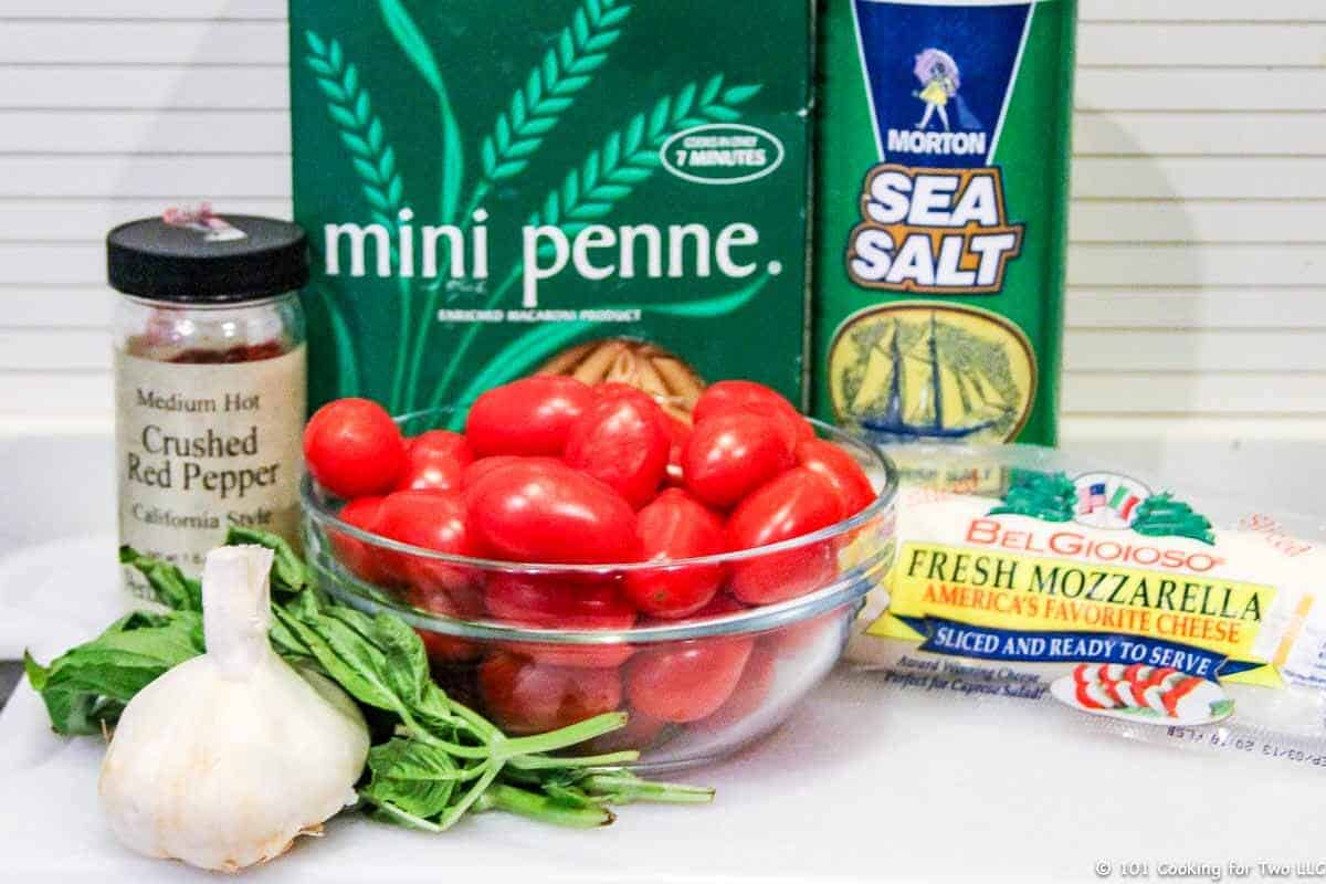 tomatos, pasta and cheese for Caprese Salad