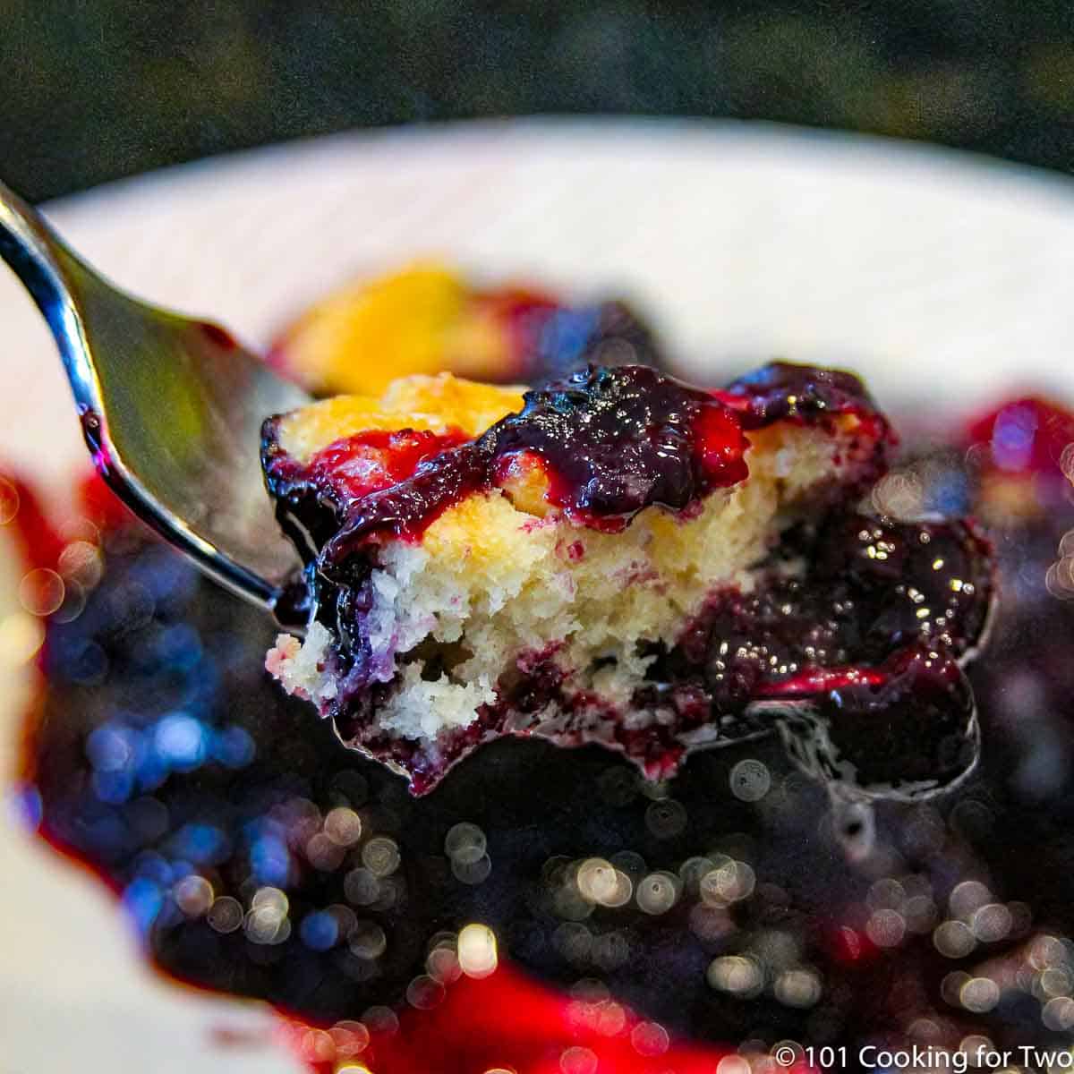 Blueberry Cobbler on a fork.