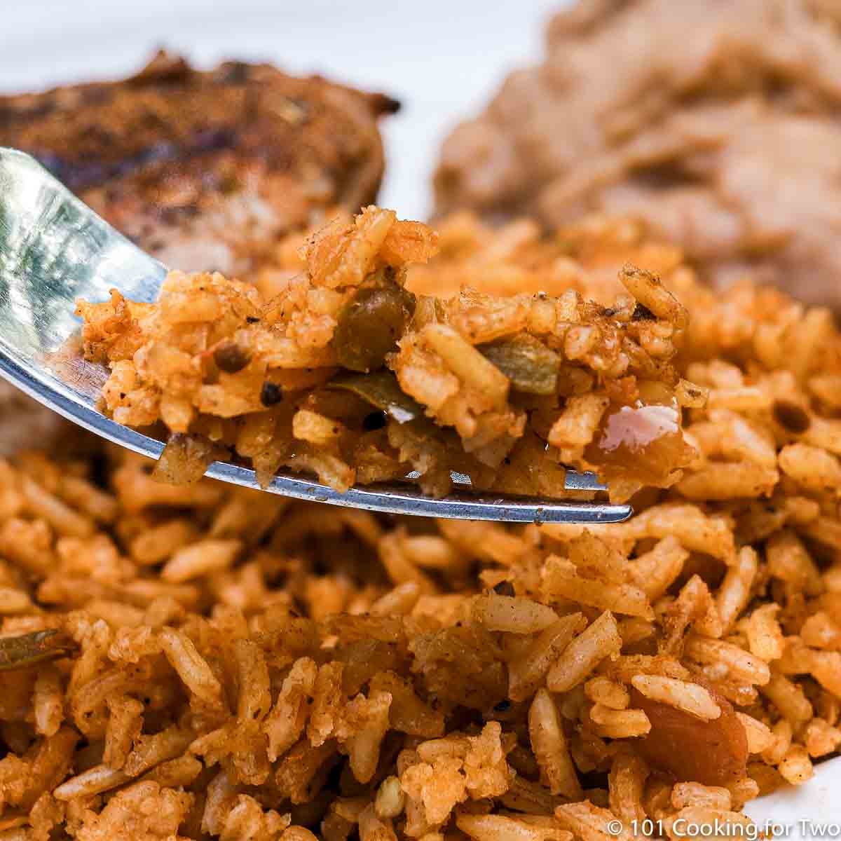 Mexican rice on a fork