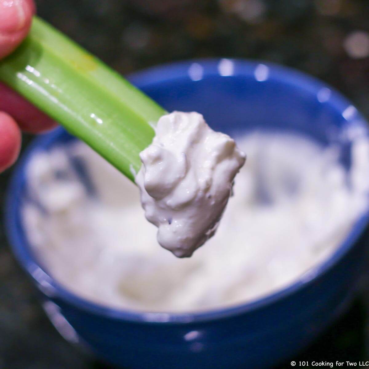 image of Blue Cheese Dipping Sauce in a blue bowl