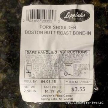 image of pork butt label from package showing $1.19 per pound