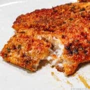 Parmisan crusted tilapia on a white plate