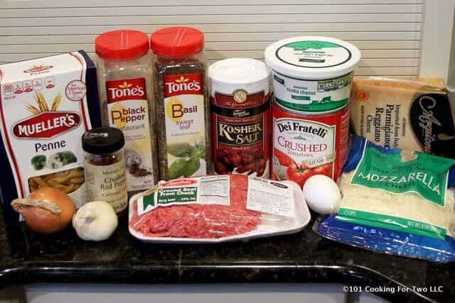 image of all the ingredients for crock pot baked ziti