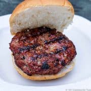 close up picture so a nicely done burger on a bun. All on a white plate.