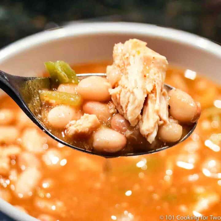 Low Fat Chicken Chili on a spoon.