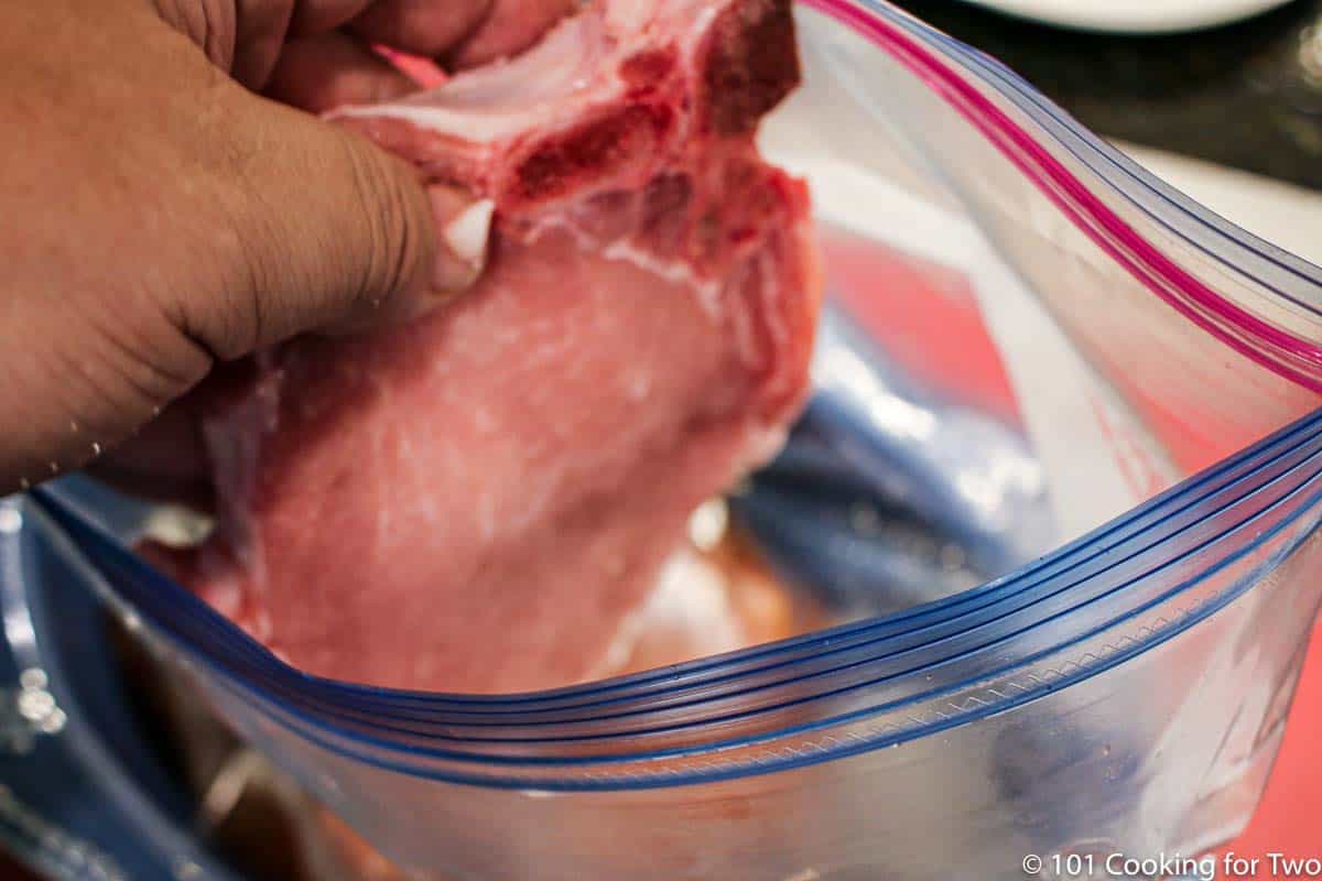 adding pork chop to brine bag.