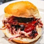 pulled pork sandwich with BBQ sauce on a bun