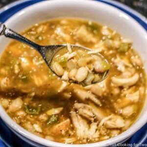 spoonful of Salsa Verde Chicken Chili over a white bowl