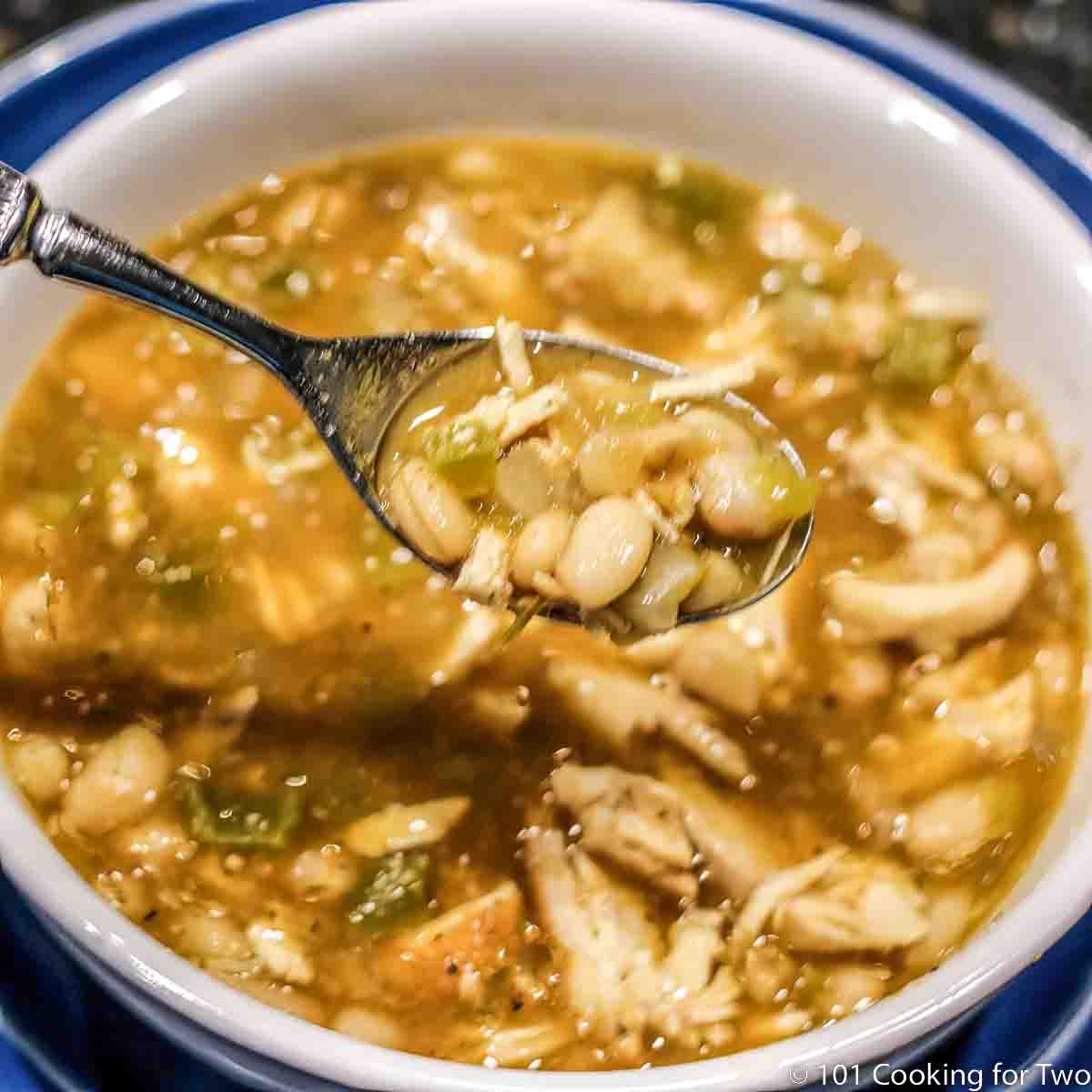 Close up of a spoonful of Salsa Verde White Chicken Chili