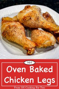 graphic for Pinterest of baked chicken legs.