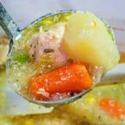 Closeup of chicken stew in a ladle