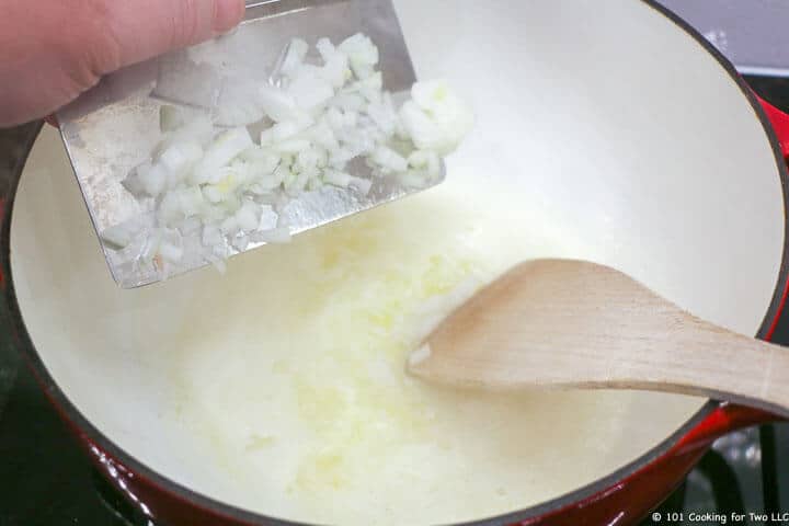 adding chopped onion to melted butter in large pan