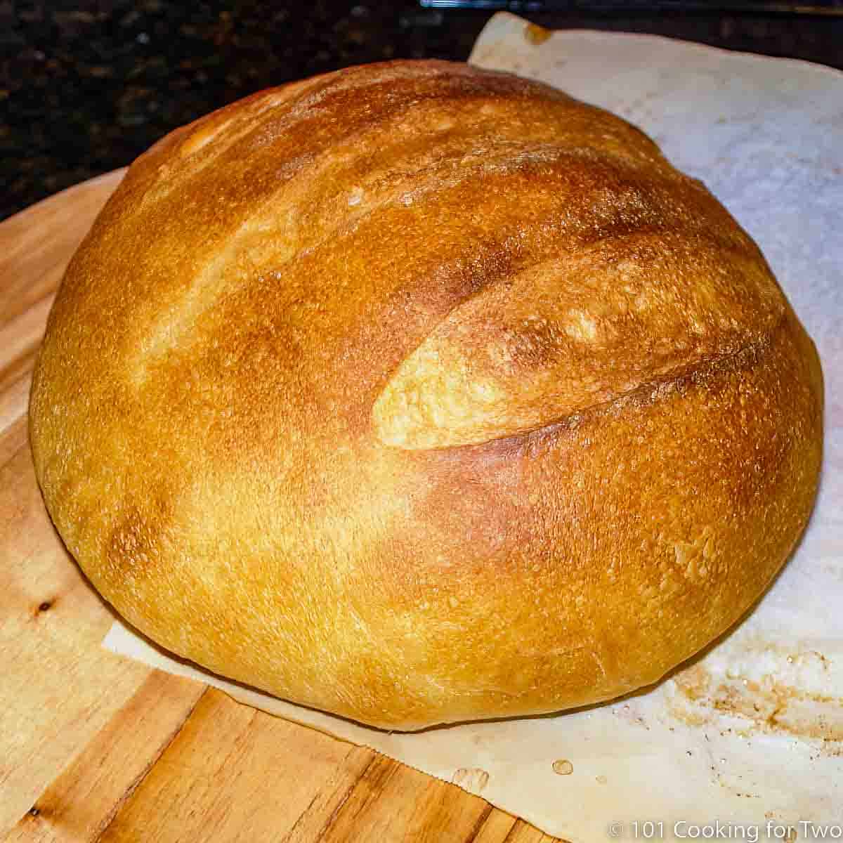 Julia Child's French Bread on a wooden peal.