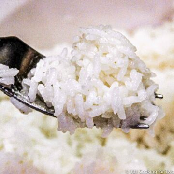 Rice on a fork over a bowl.