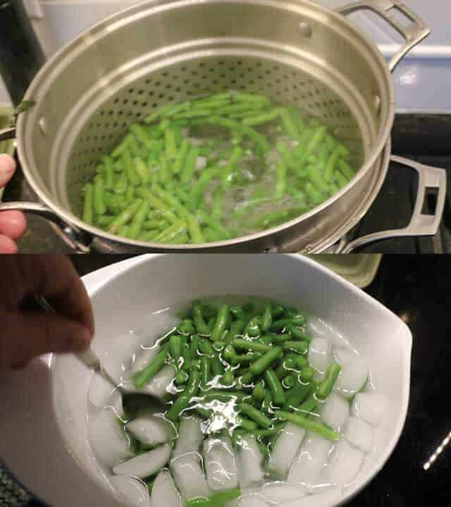 two image of boiling green beans then an ice bath to blanch the beans