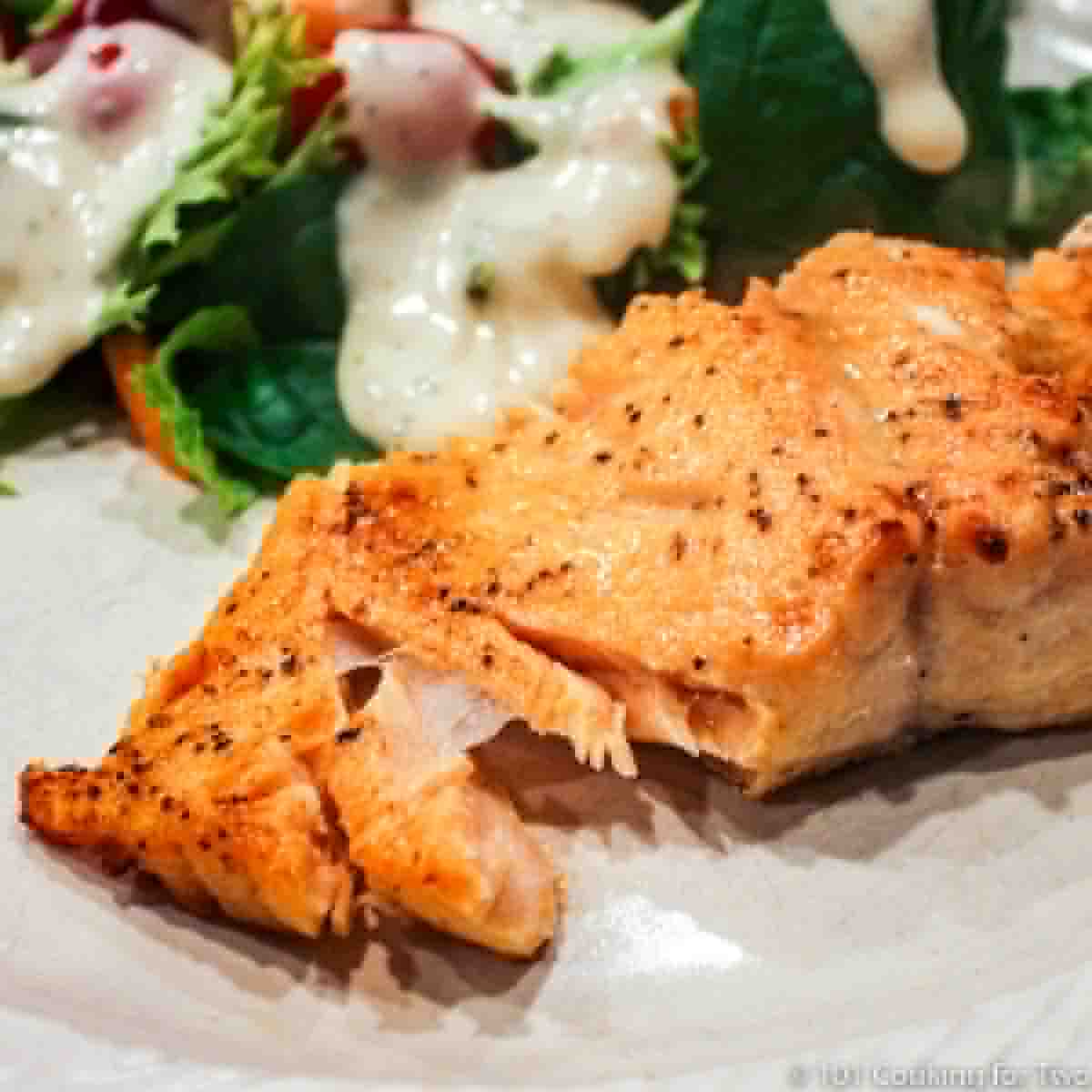 closeup image of salmon flaking on a light gray plate.