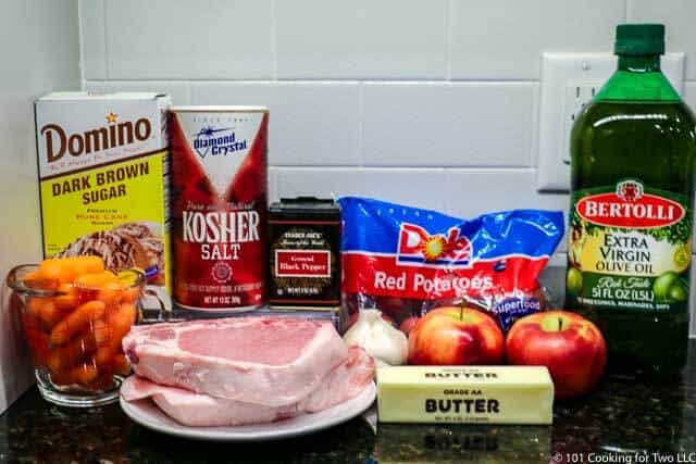 image of ingredients for apple pork chops with potatoes and carrots