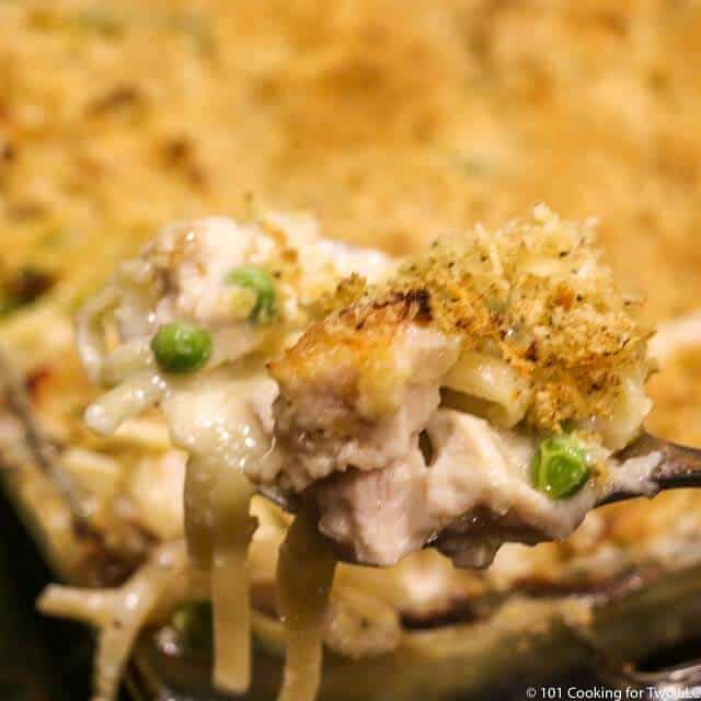 image of a large spoonful of turkey tetrazzini