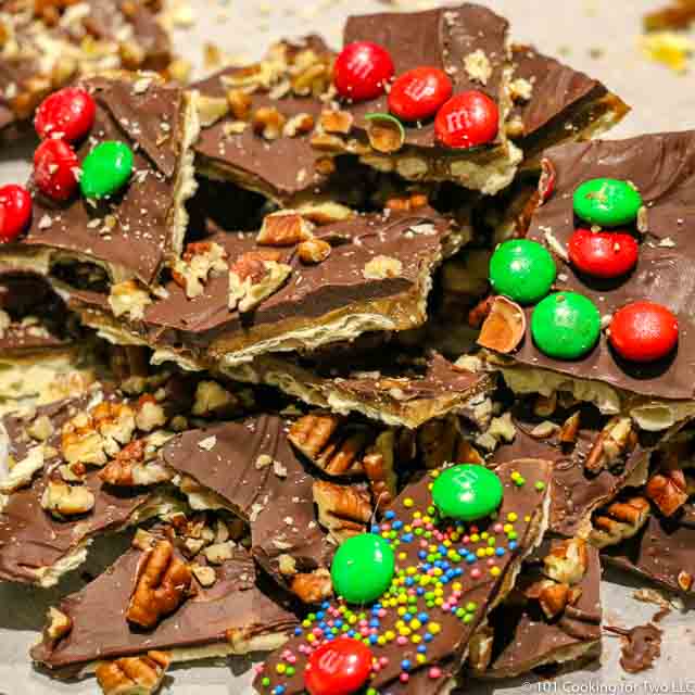 image of a pile of Christmas crack candy with various toppings
