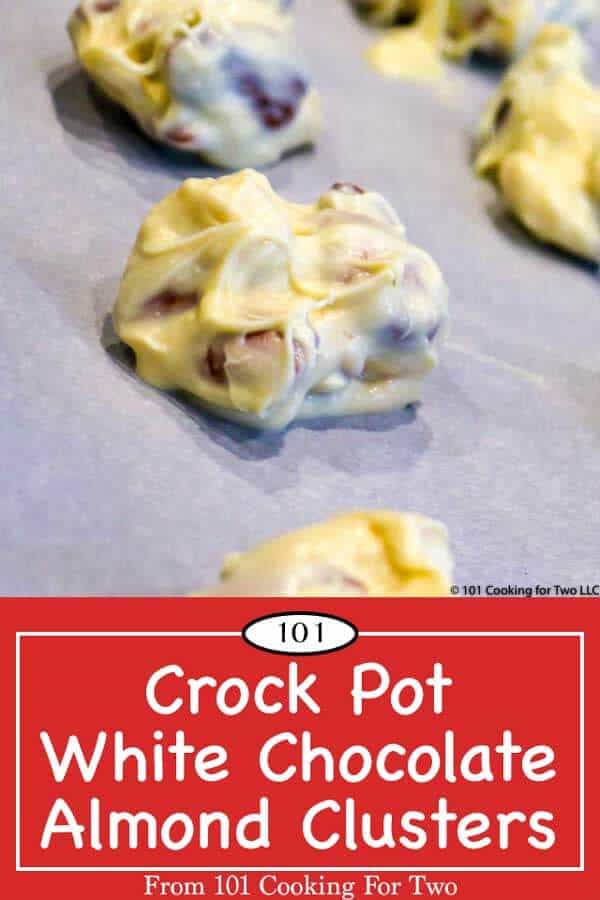 Eloquent white chocolate almond clusters are super easy. Just follow these simple step by step photo instructions for perfect results. #WhiteChocolateAlmondClusters #CrockPotCandy #AlmondClusters