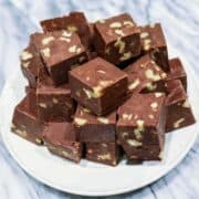 pile of fudge on a white plate.