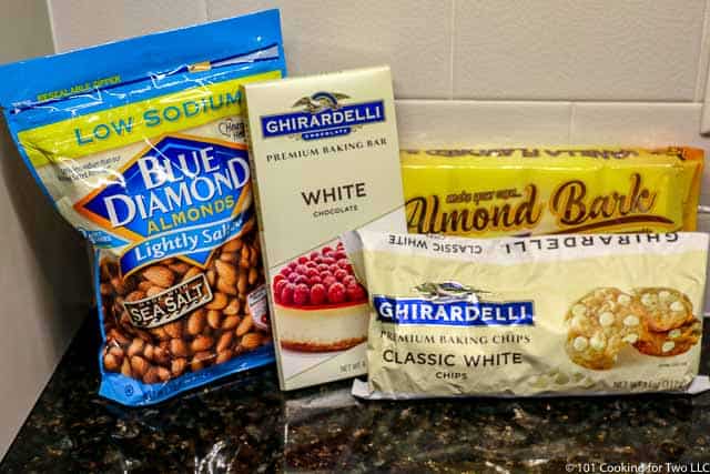 image of the ingredients for white chocolate almond clusters