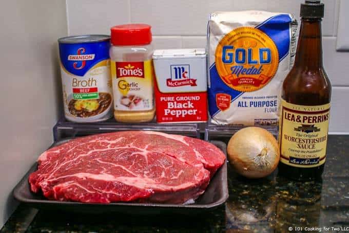 Image of ingredients for beef tips with gravy.