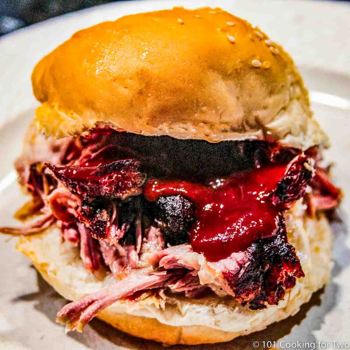 pulled pork on a bun with sauce B