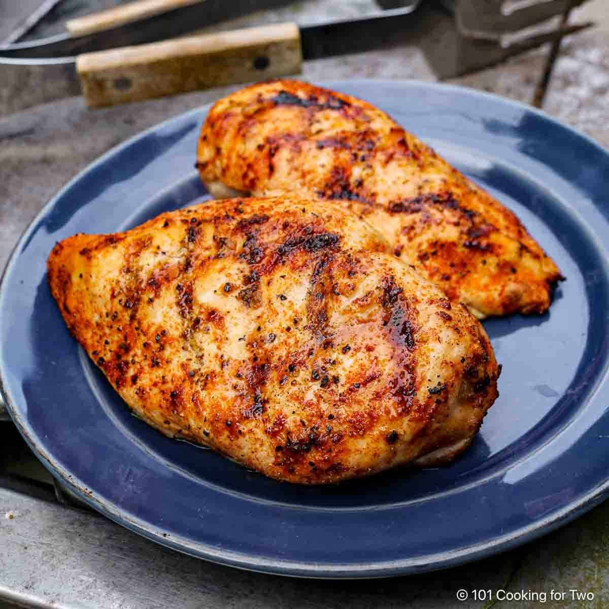 Grilled Chicken Breasts on a blue plate.