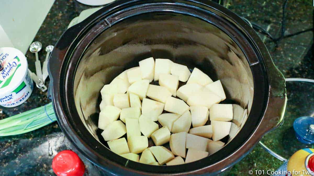 a single layer of raw potato chunks in crock pot.