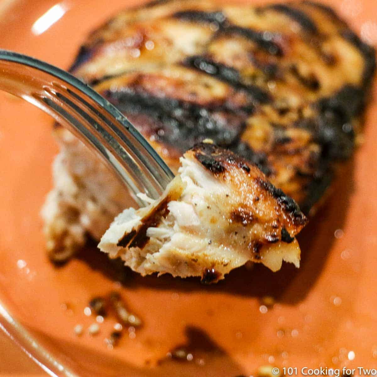 piece of chicken on fork