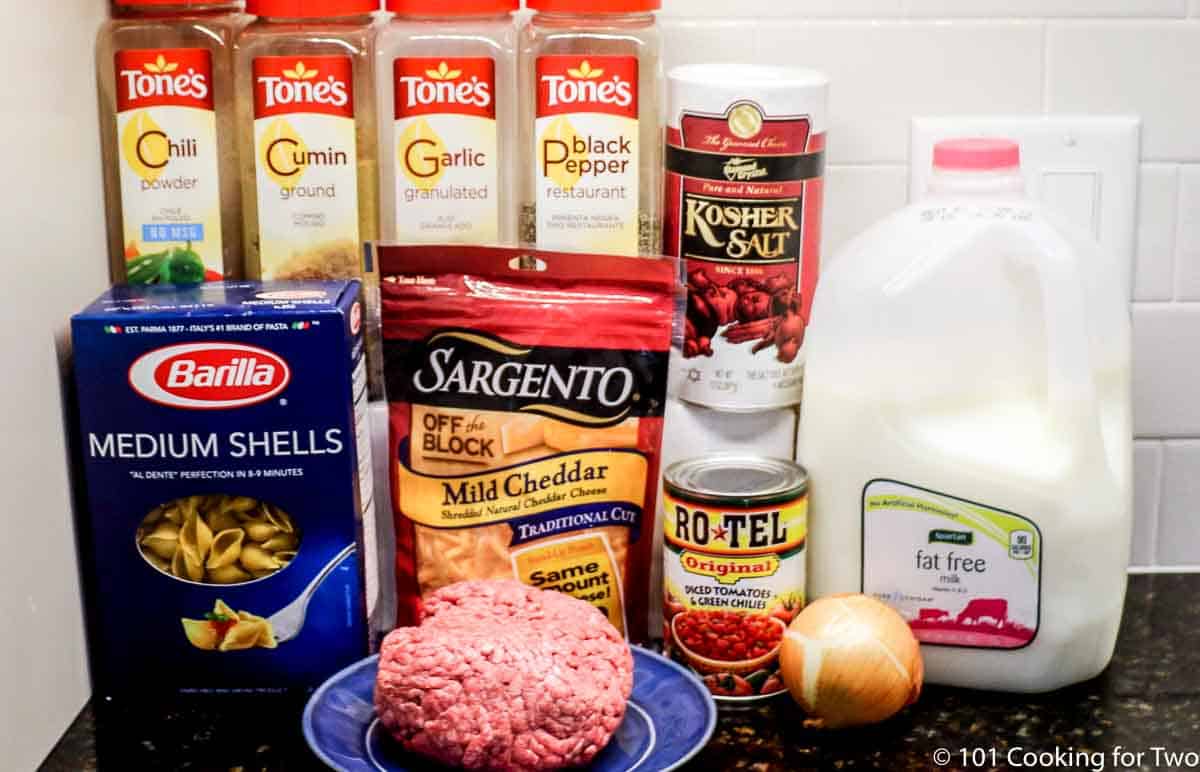 raw burger with pasta and chili mac ingredients