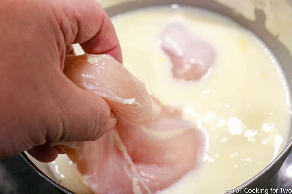 adding chicken to the milk marinade