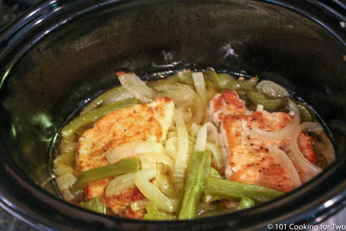 cooked pork chops in crock pot.