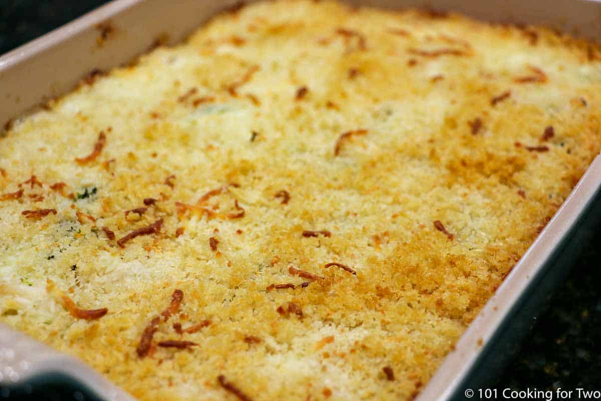 browned casserole in dish.