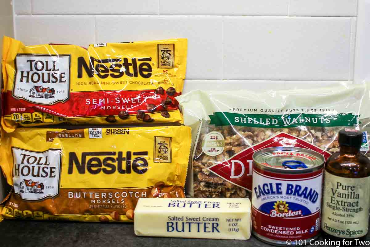 Chocolate chips and fudge ingredients